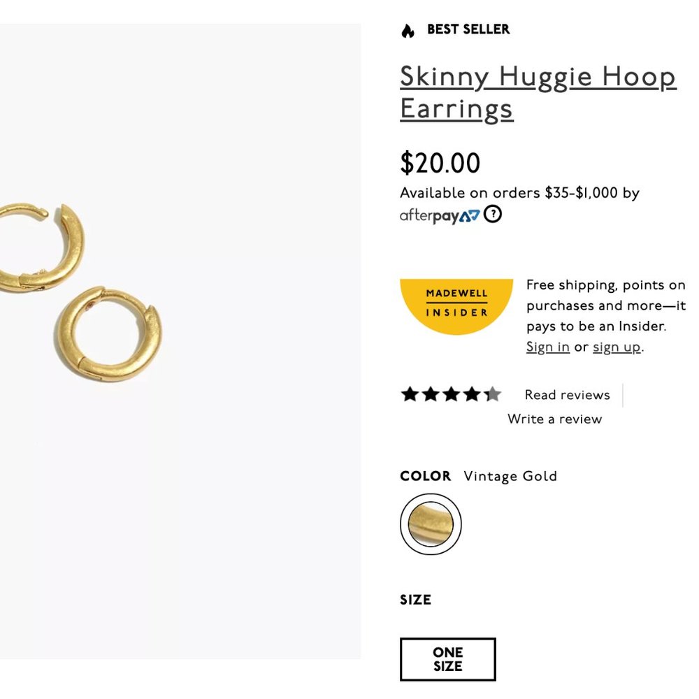 Madewell Skinny Huggie Gold Hoop Earrings NWT!